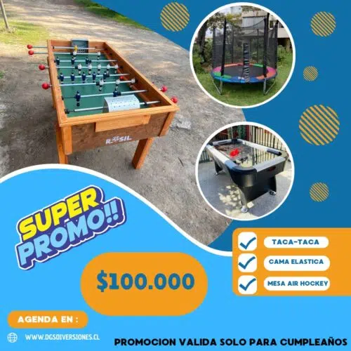 Super Pack CumpleaÃ±os Santiago con cama elÃ¡stica, taca-taca y mesa air hockey