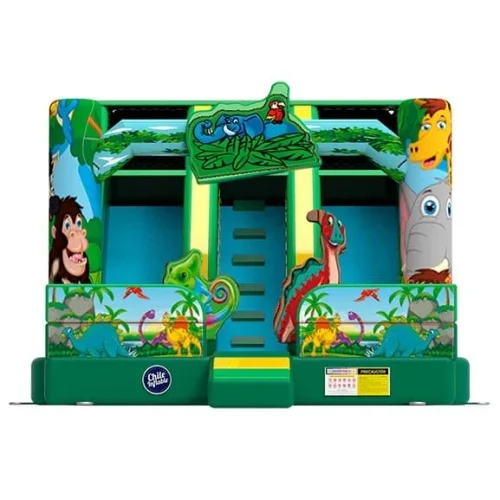 Tobogán inflable con temática de jungla de 5x4 metros para arriendo en eventos infantiles.